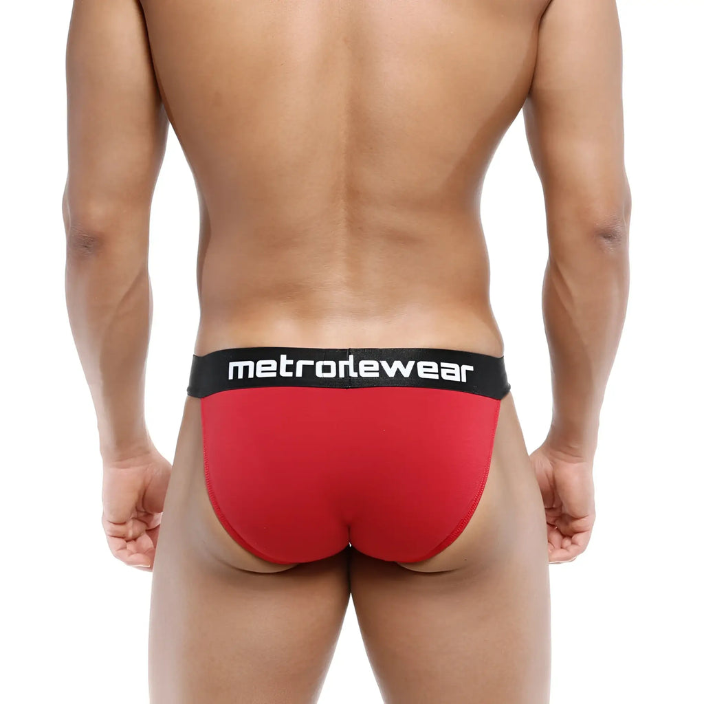 Red MetroMaleWear Asian bikini briefs with black waistband and white lettering terracotta 3004-29 style