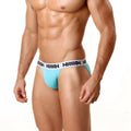 Light blue MetroMaleWear Asian bikini briefs with white waistband featuring black repeating lettering in turquoise 3004-08