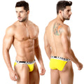 Bright yellow MetroMaleWear Asian bikini briefs with black and white branded waistband featuring metromalewear logo