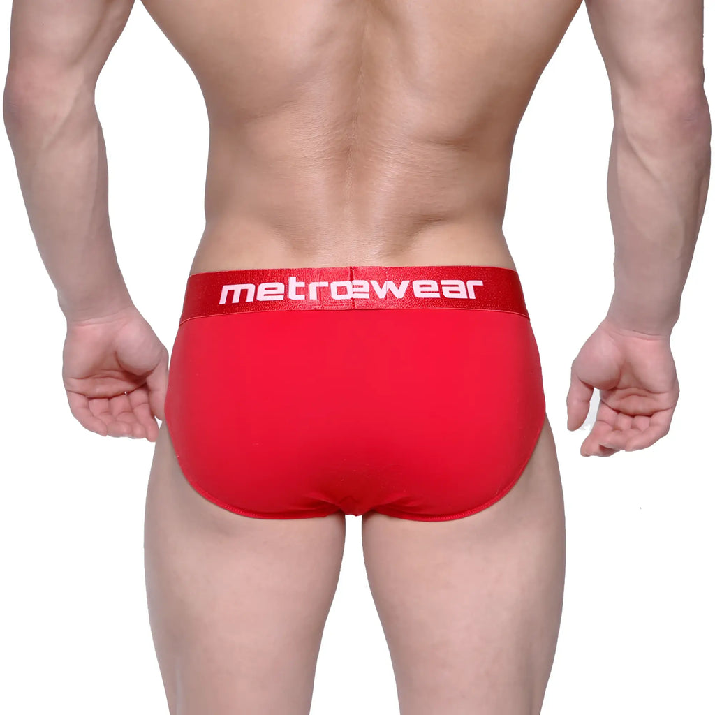 Red metrowear briefs with a white logo waistband made for comfortable daily wear in crimson color