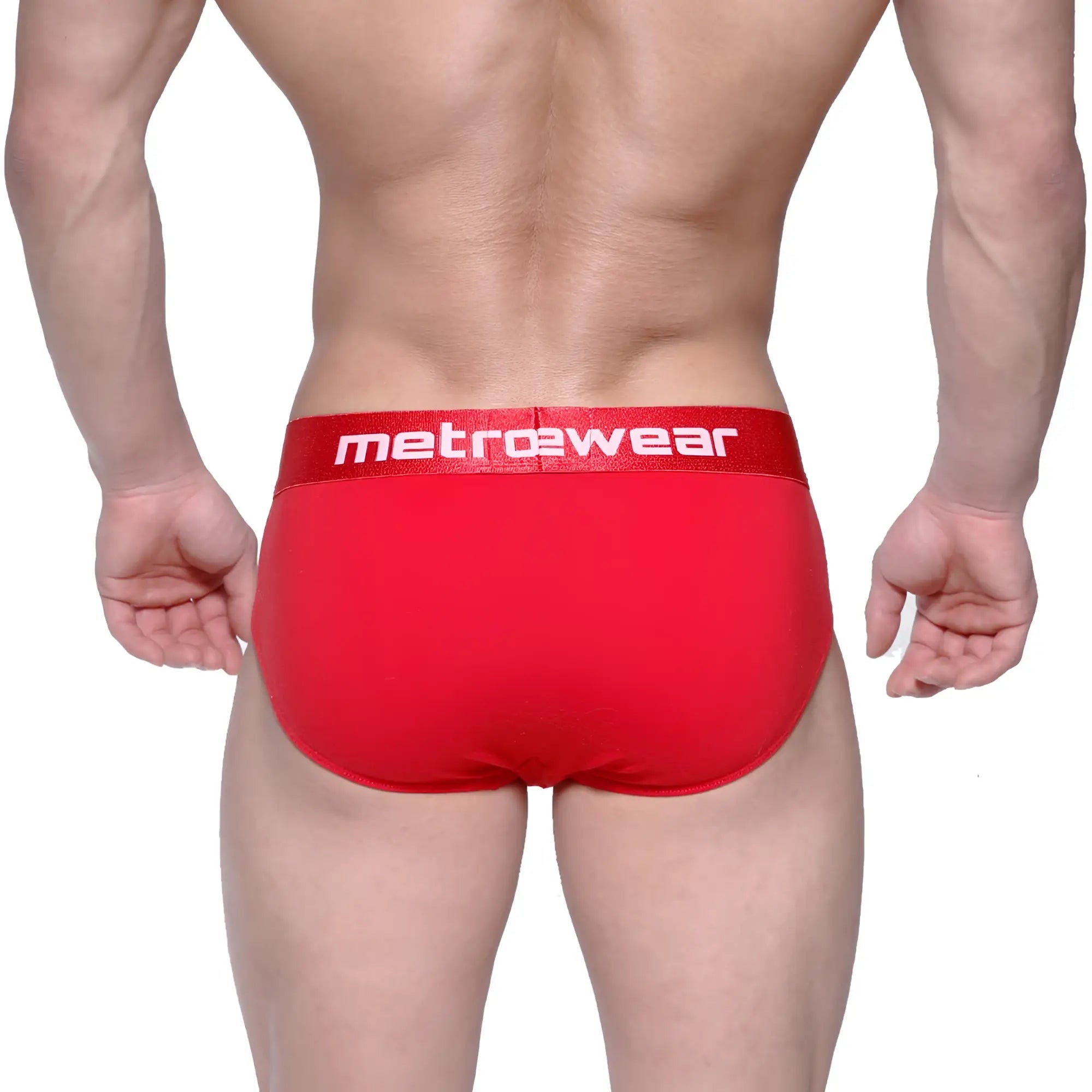 Red metrowear briefs with a white logo waistband made for comfortable daily wear in crimson color