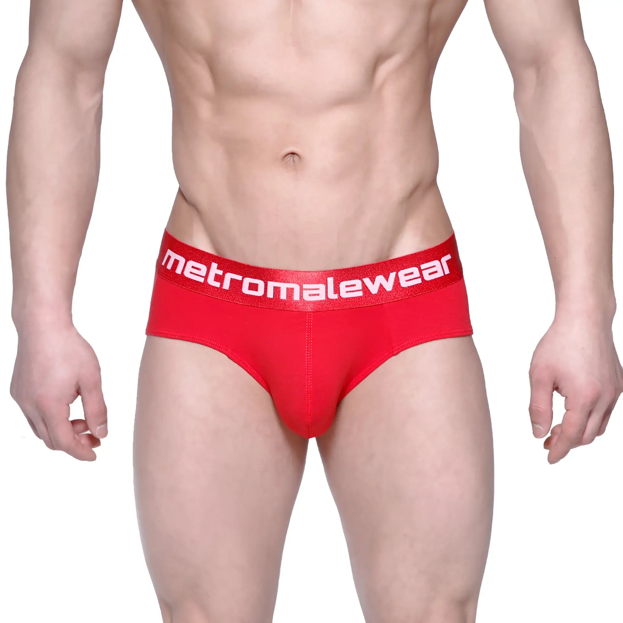 Red metromalewear asian briefs in crimson with a white logo band for comfortable everyday wear