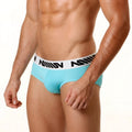 Light blue MetroMaleWear Asian brief with white elastic waistband featuring black million branding model 3006-08