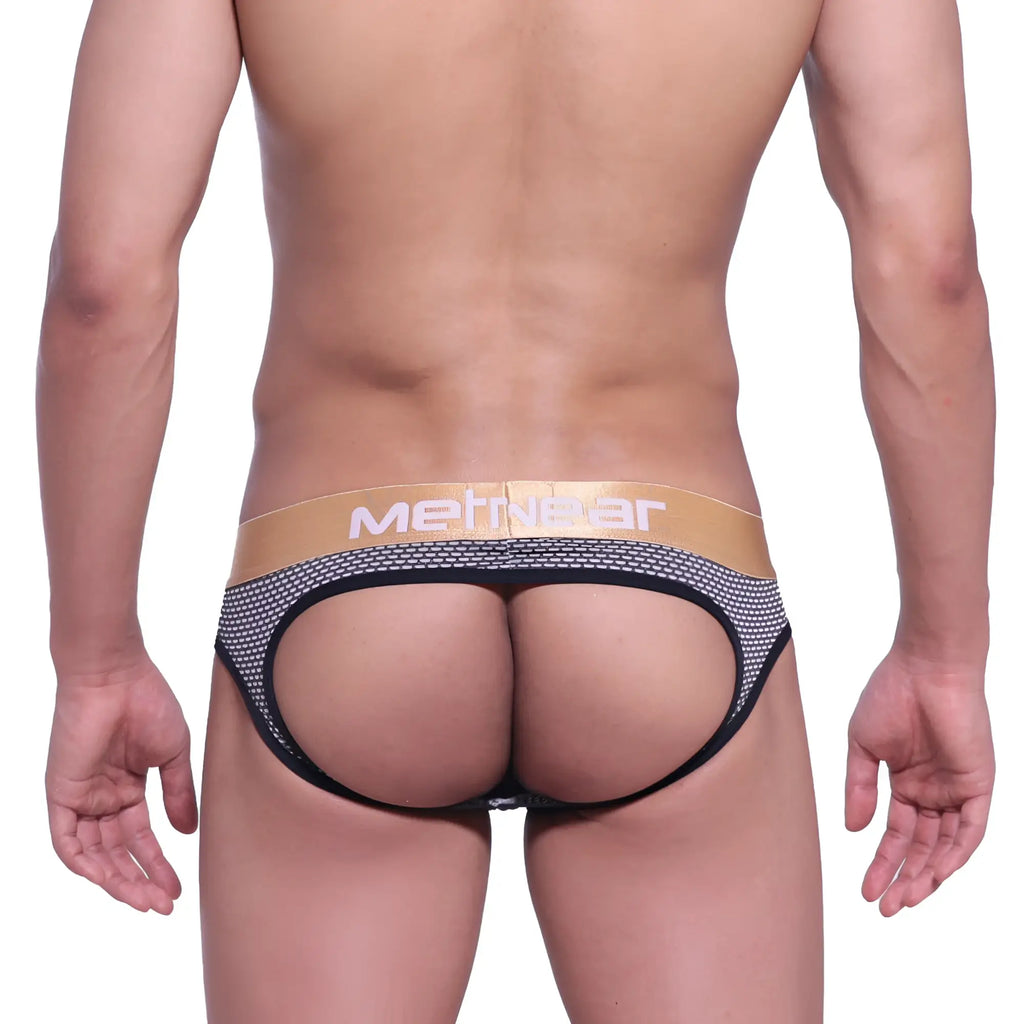Black and gold mesh briefs with bold metnear logo on waistband from metromalewear asian jock honeycomb coffee 5001-83
