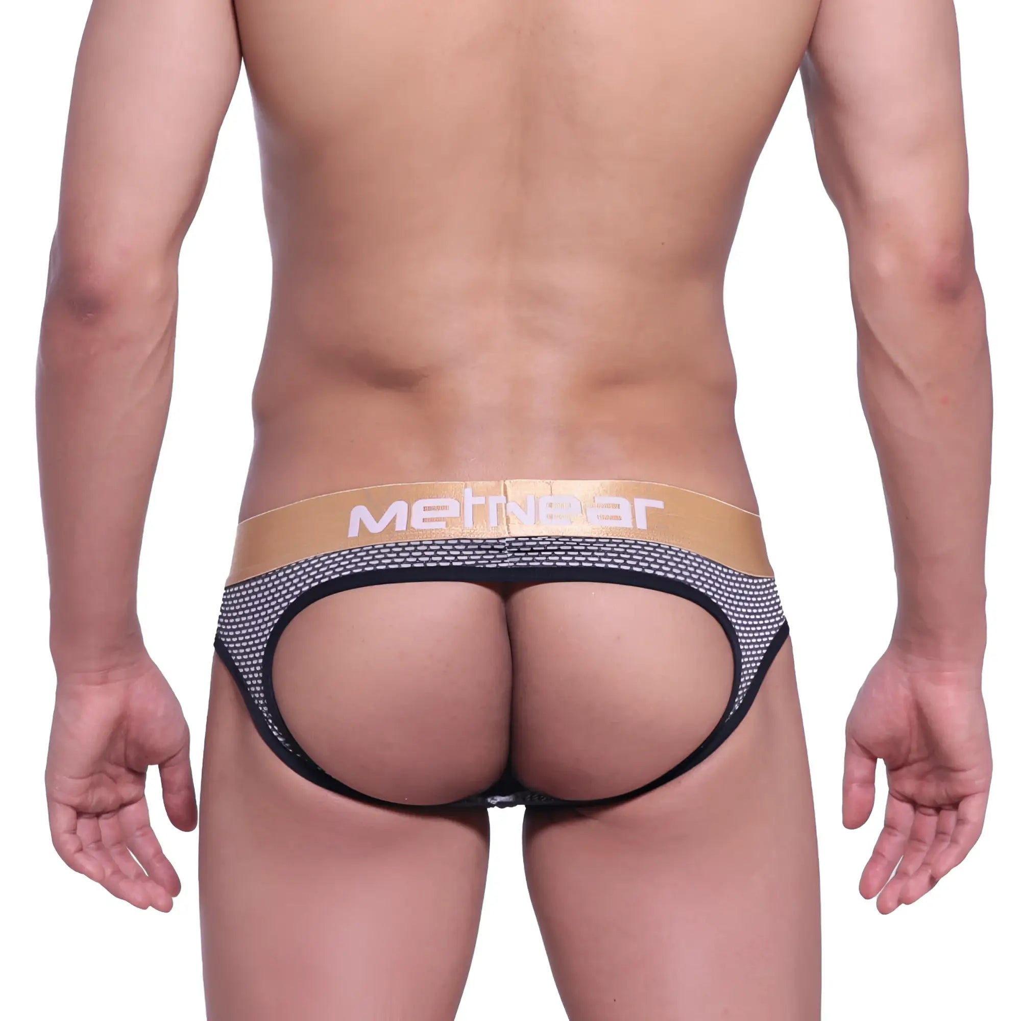 Black and gold mesh briefs with bold metnear logo on waistband from metromalewear asian jock honeycomb coffee 5001-83