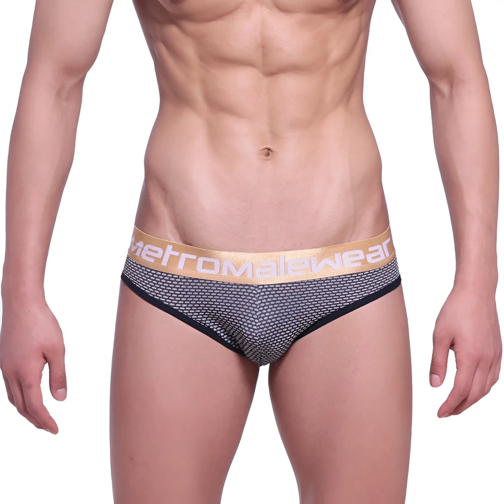 Black and gold patterned men’s briefs with honeycomb design and branded metro male wear waistband in coffee color