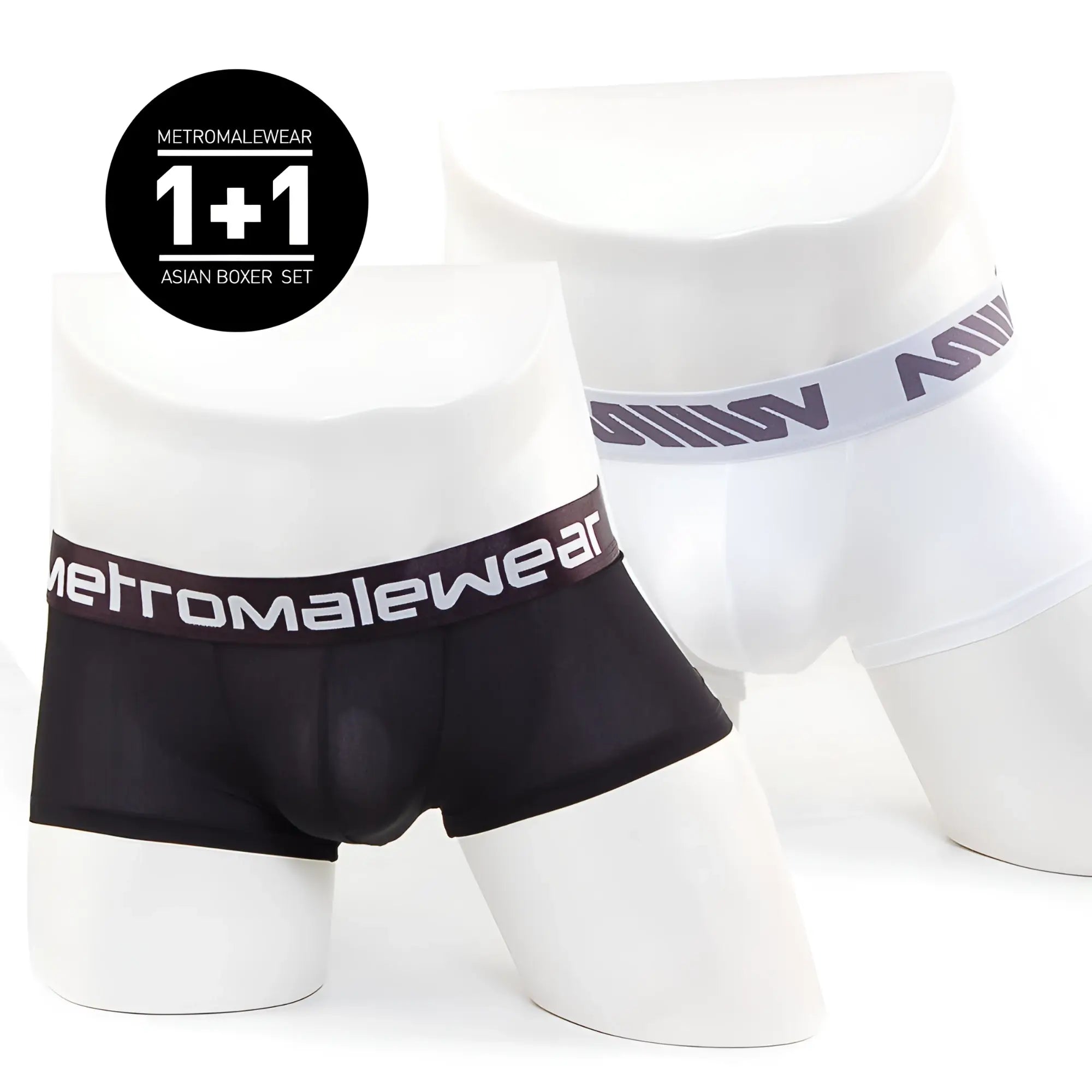 Black and white metromalewear asian short boxer set on mannequins featuring soft breathable fabric and stylish fit