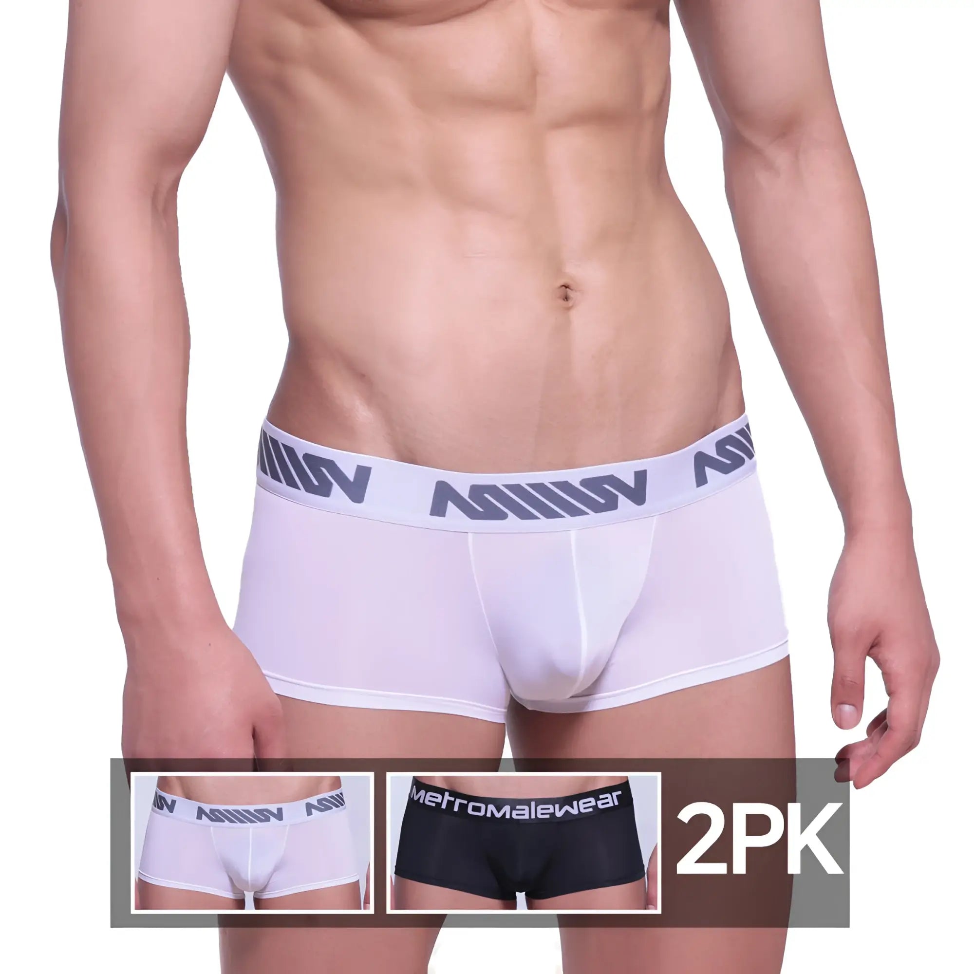 White men’s briefs with gray metromalewear logo band in metro malewear asian short boxer 2pk 2026-2pk pack