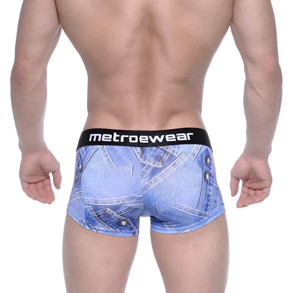 Blue denim patterned men’s briefs with black metroewear waistband metro male wear asian short boxer denim blue 2026-56