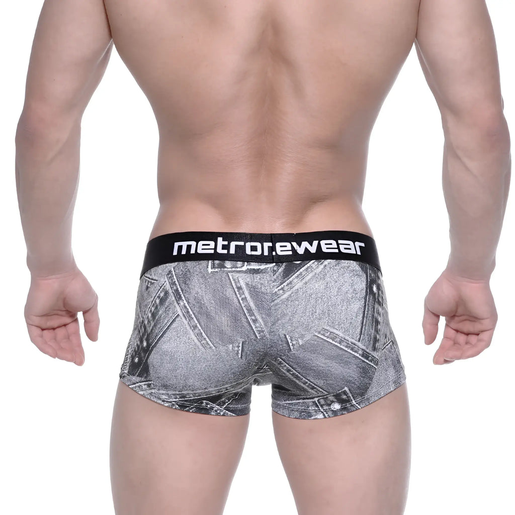 Black and gray denim-patterned boxer briefs with a black metrorewear waistband in the MetroMaleWear Asian Short Boxer Denim Gray 2026-55 style