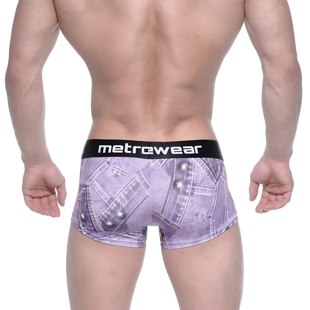 Purple denim-patterned boxer briefs with a black metrewear waistband metro malewear asian short boxer denim purple