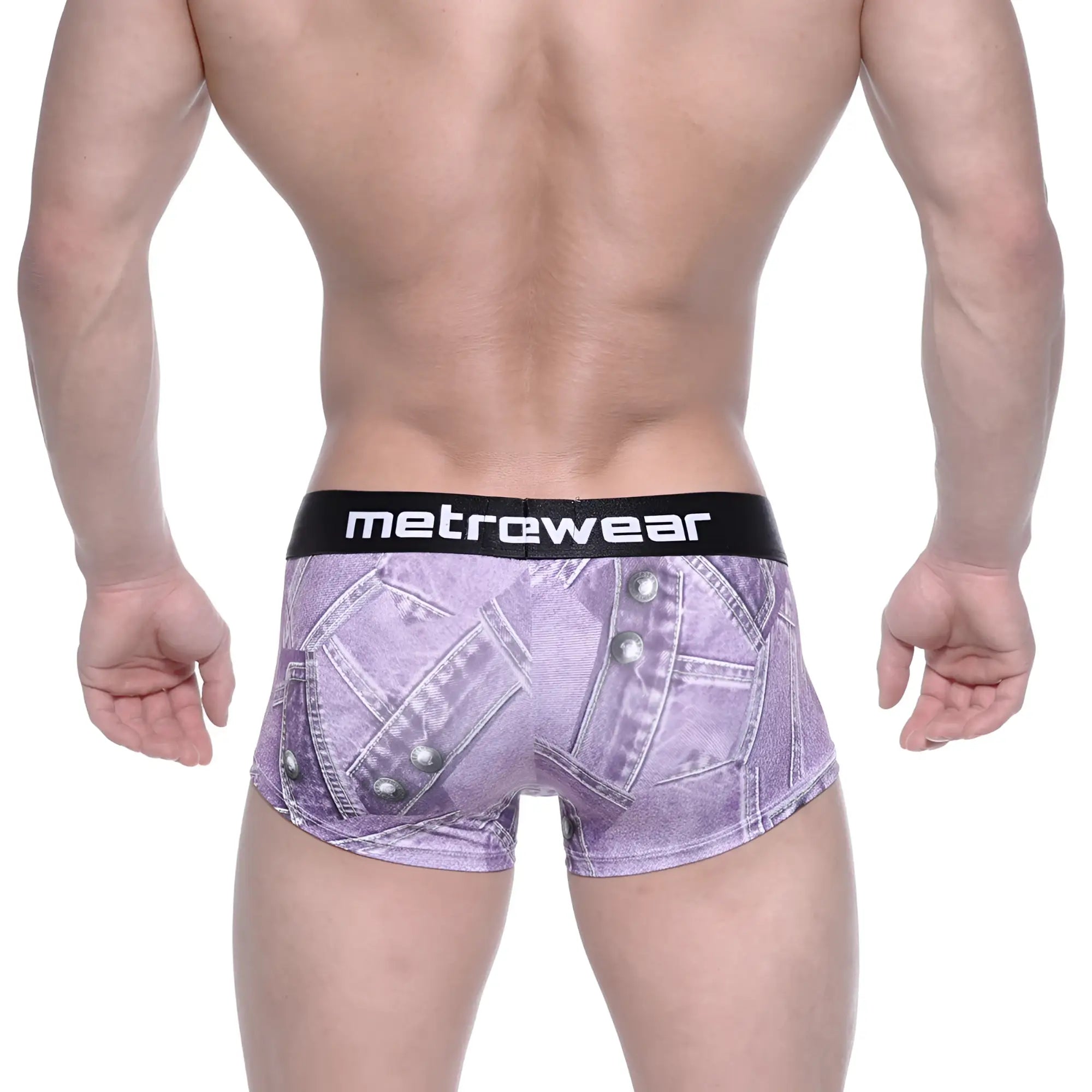 Purple denim-patterned boxer briefs with a black metrewear waistband metro malewear asian short boxer denim purple