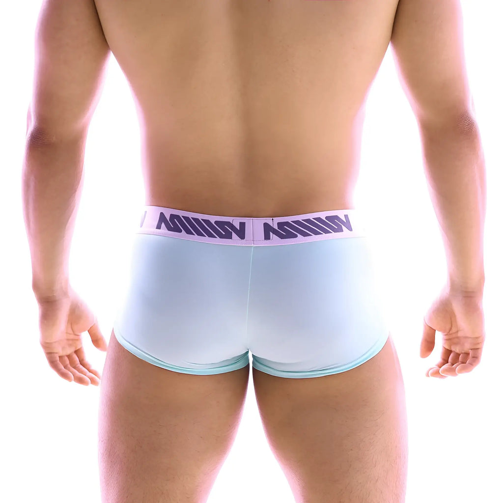 Light blue mens briefs with a purple logo waistband from metro male wear asian short boxer green 2026-07 collection