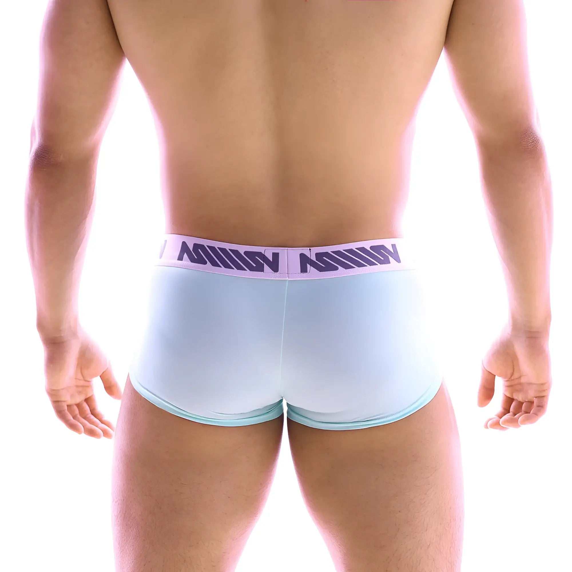 Light blue mens briefs with a purple logo waistband from metro male wear asian short boxer green 2026-07 collection