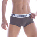 Dark gray mens briefs with white elastic waistband featuring repeating dark blue m logo metro malewear asian short boxer