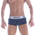 Metro male wear asian short boxer navy 2026-28 navy blue briefs with white elastic waistband and gray logo pattern