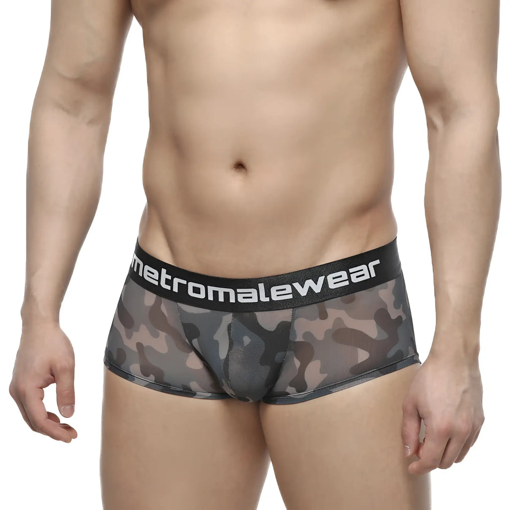 Black and gray camouflage mesh briefs with black metromalewear logo waistband metroMalewear asian trunk camo 2026-93