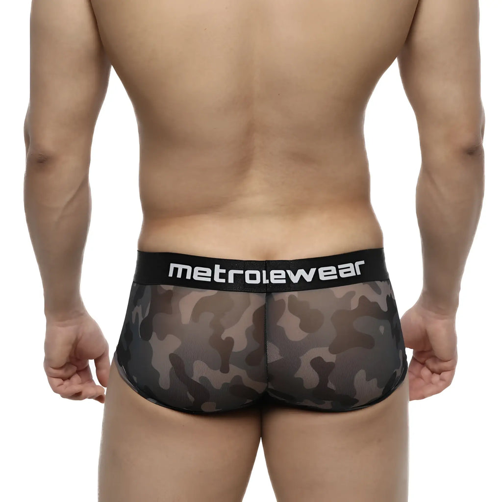 Black and gray camouflage mesh briefs with black metrowear logo waistband from MetroMaleWear Asian Trunk Camo 2026-93