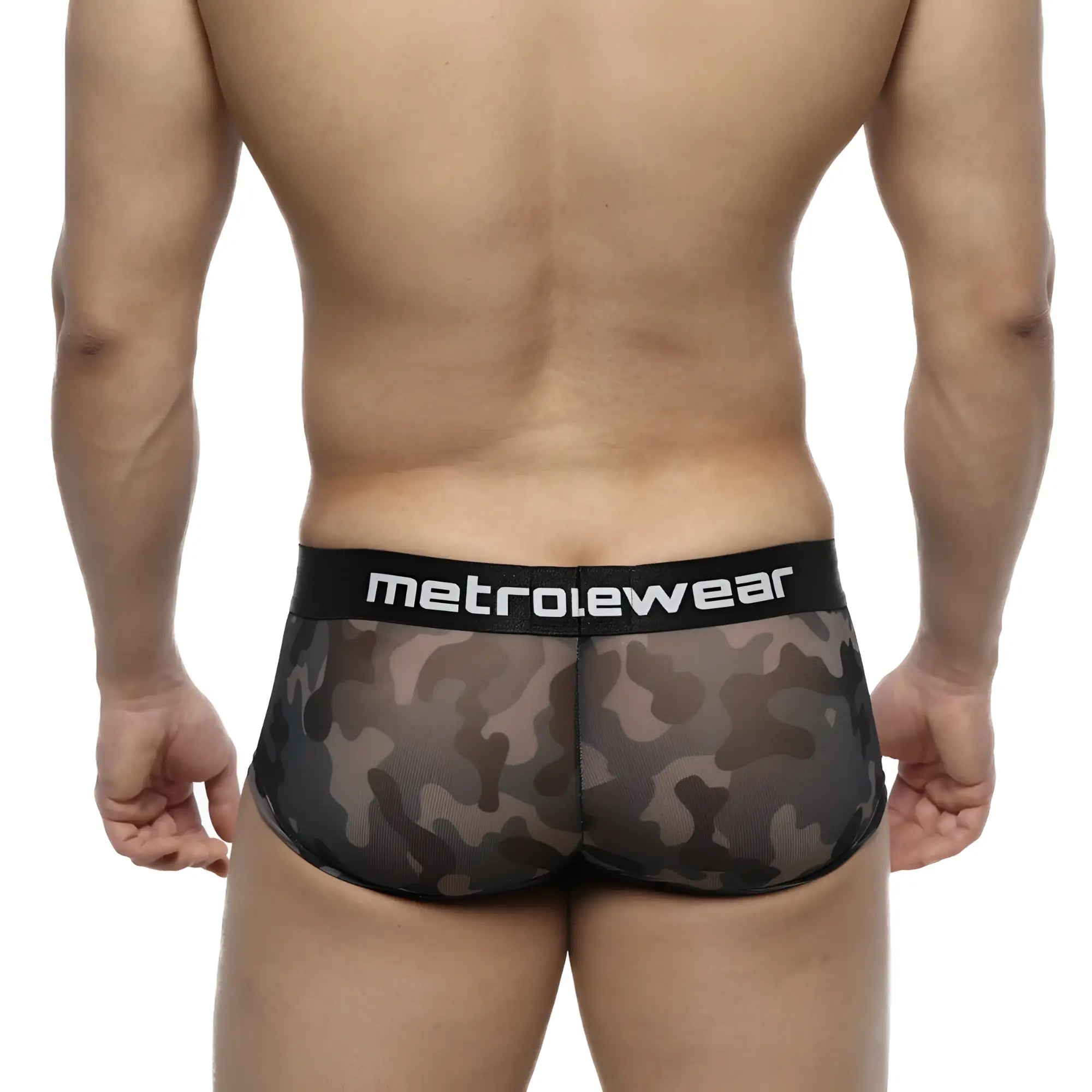 Black and gray camouflage mesh briefs with black metrowear logo waistband from MetroMaleWear Asian Trunk Camo 2026-93