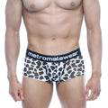 Black and white cow print briefs with black metromalewear waistband asian trunk dalmatian 2026-77 front view