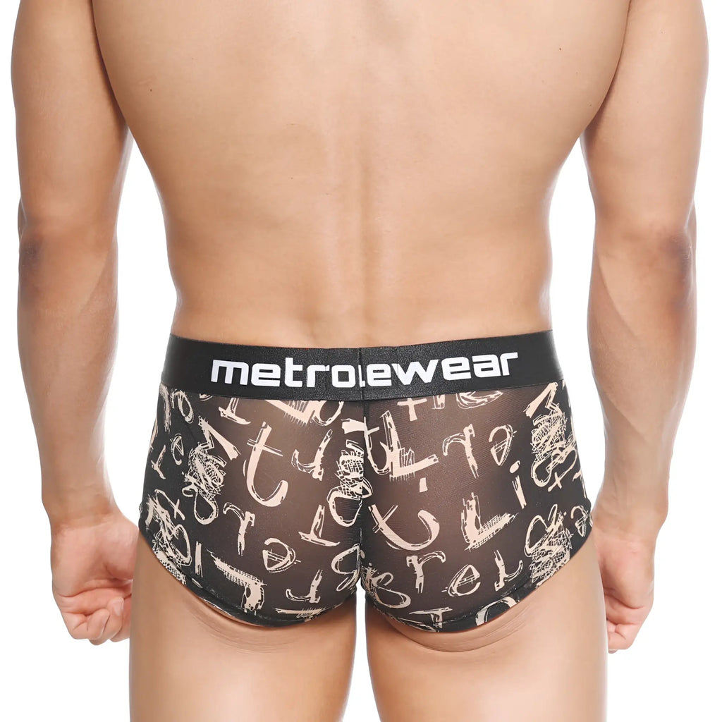 Black mesh briefs with white graffiti-style lettering and metroewear logo waistband metroMalewear asian trunk oraculo 2026-03
