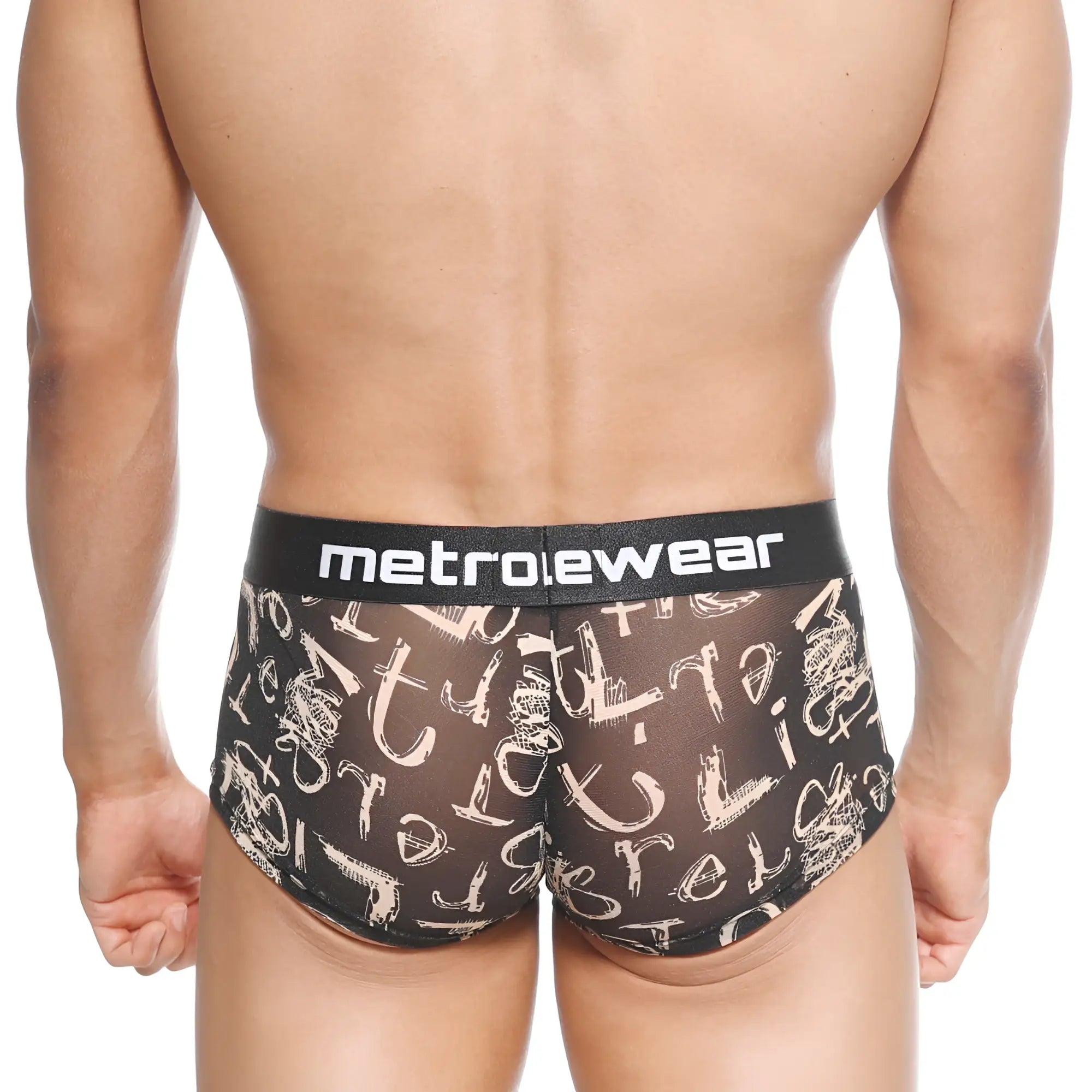 Black mesh briefs with white graffiti-style lettering and metroewear logo waistband metroMalewear asian trunk oraculo 2026-03