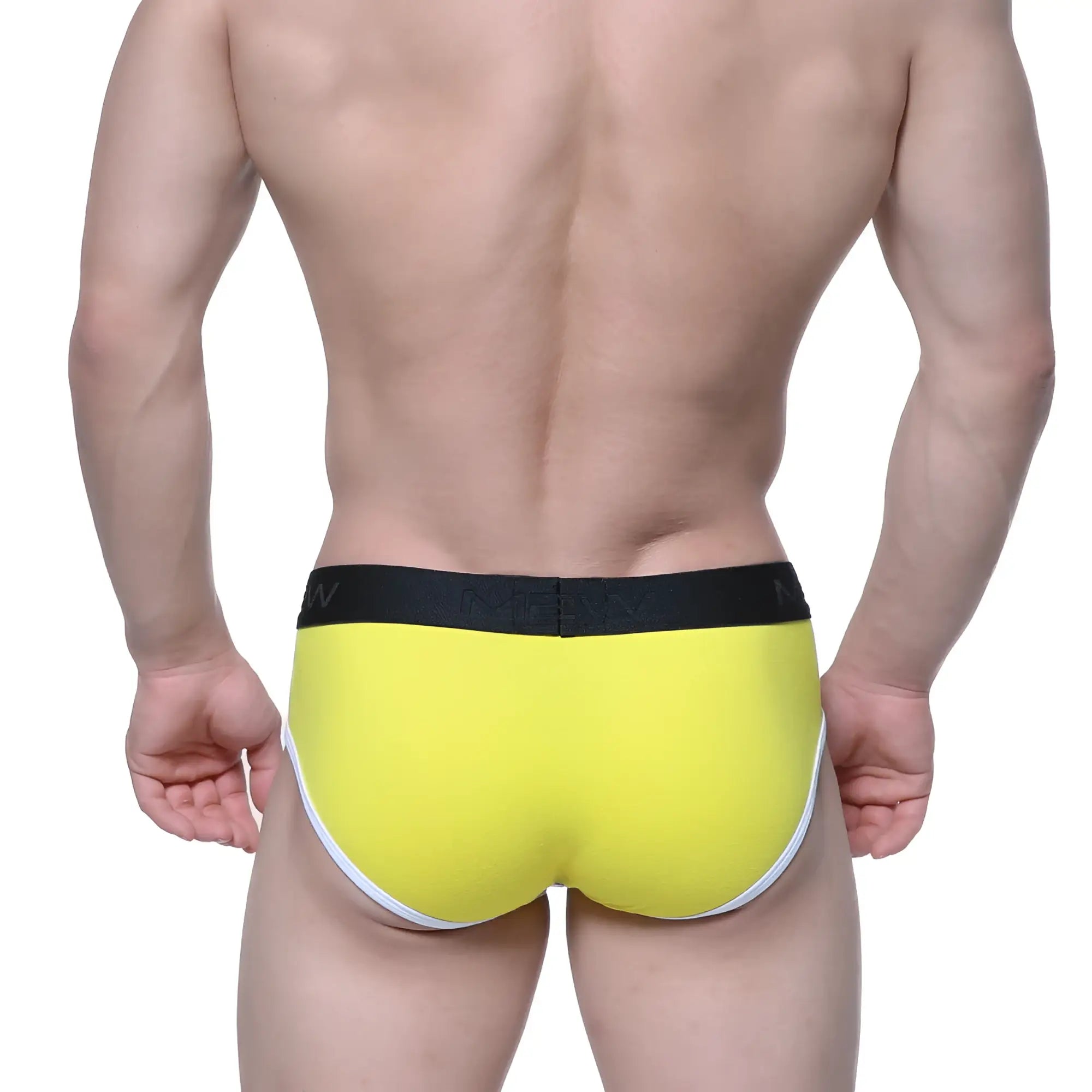 Bright yellow MetroMaleWear Astros brief with black waistband brand name and white leg trim in cotton blend fabric