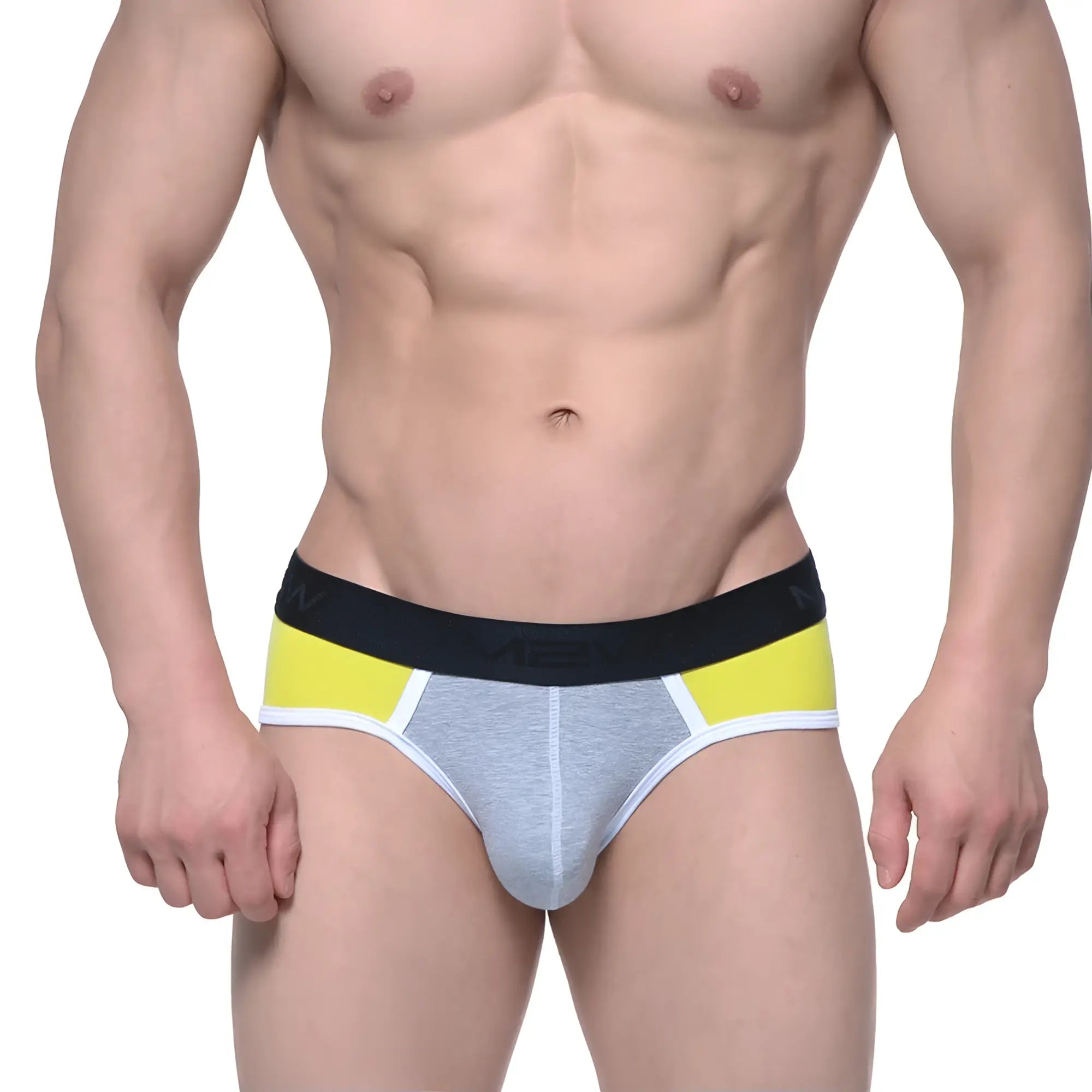 Gray and yellow men’s briefs with black elastic waistband featuring MetroMaleWear logo for comfortable daily wear