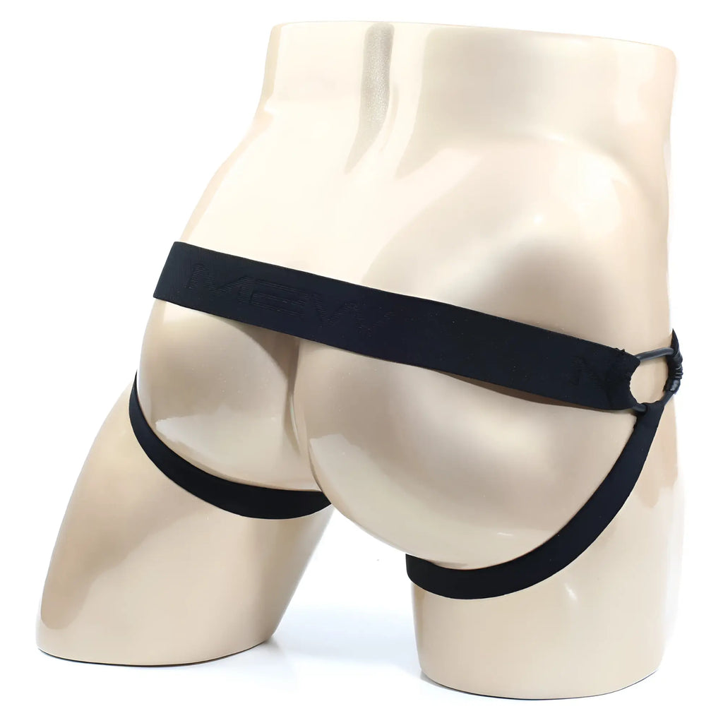 Black elastic briefs with wide waistband and side straps on mannequin metroMalewear asunto jock strap black 1007-20