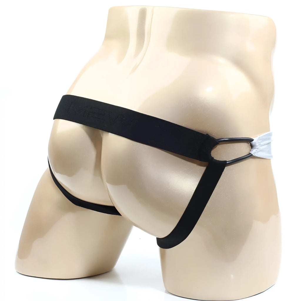 Black elastic briefs with a sleek minimalist design and subtle brand logo on the waistband from metromalewear asunto jock strap silver 1007-01