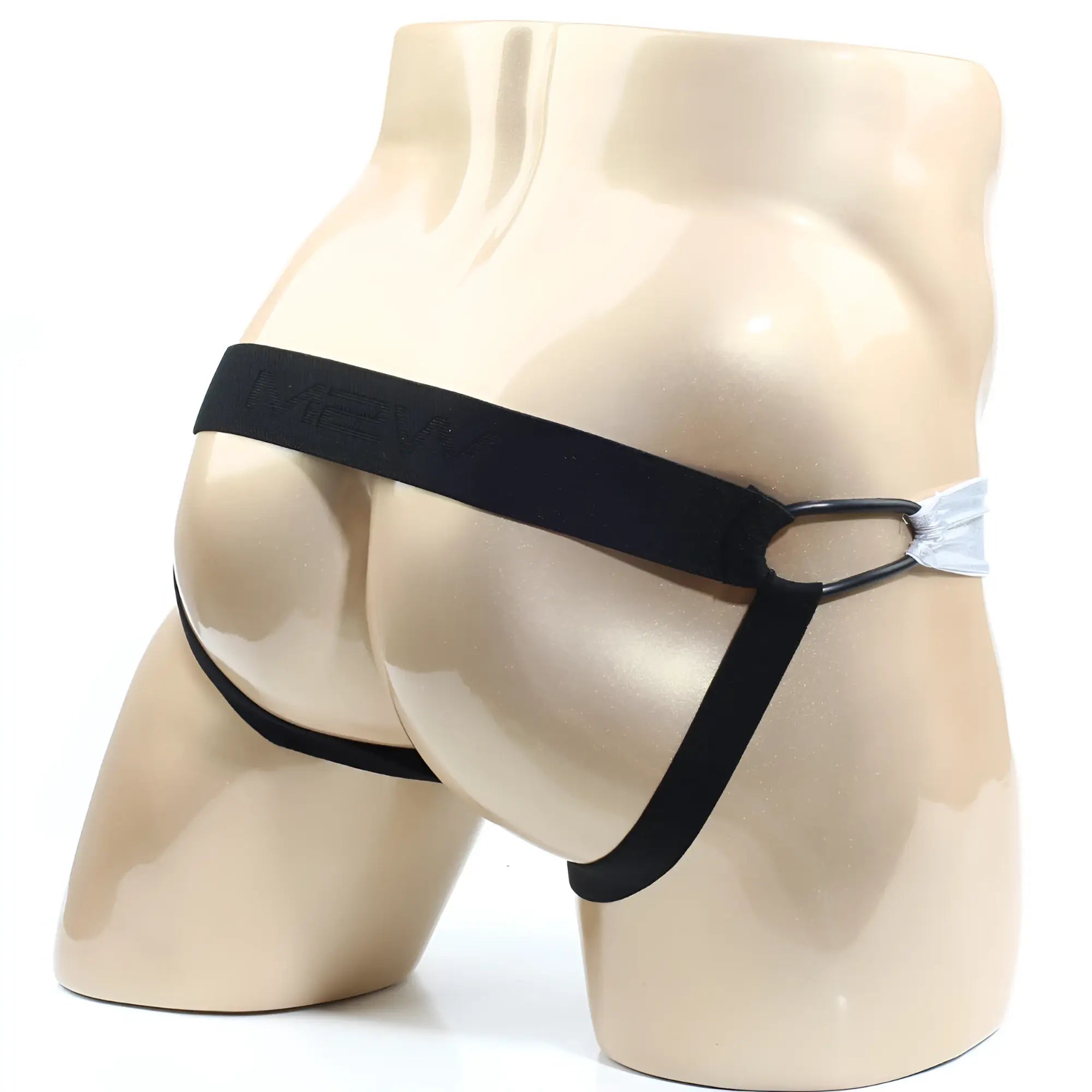 Black elastic briefs with a sleek minimalist design and subtle brand logo on the waistband from metromalewear asunto jock strap silver 1007-01