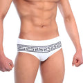 White briefs with a bold black greek key waistband from MetroMaleWear Athen Swim Brief Black 4914-44