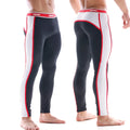 Black and white snug fit athletic leggings with red trim and ashny waistband from MetroMaleWear 2053-20