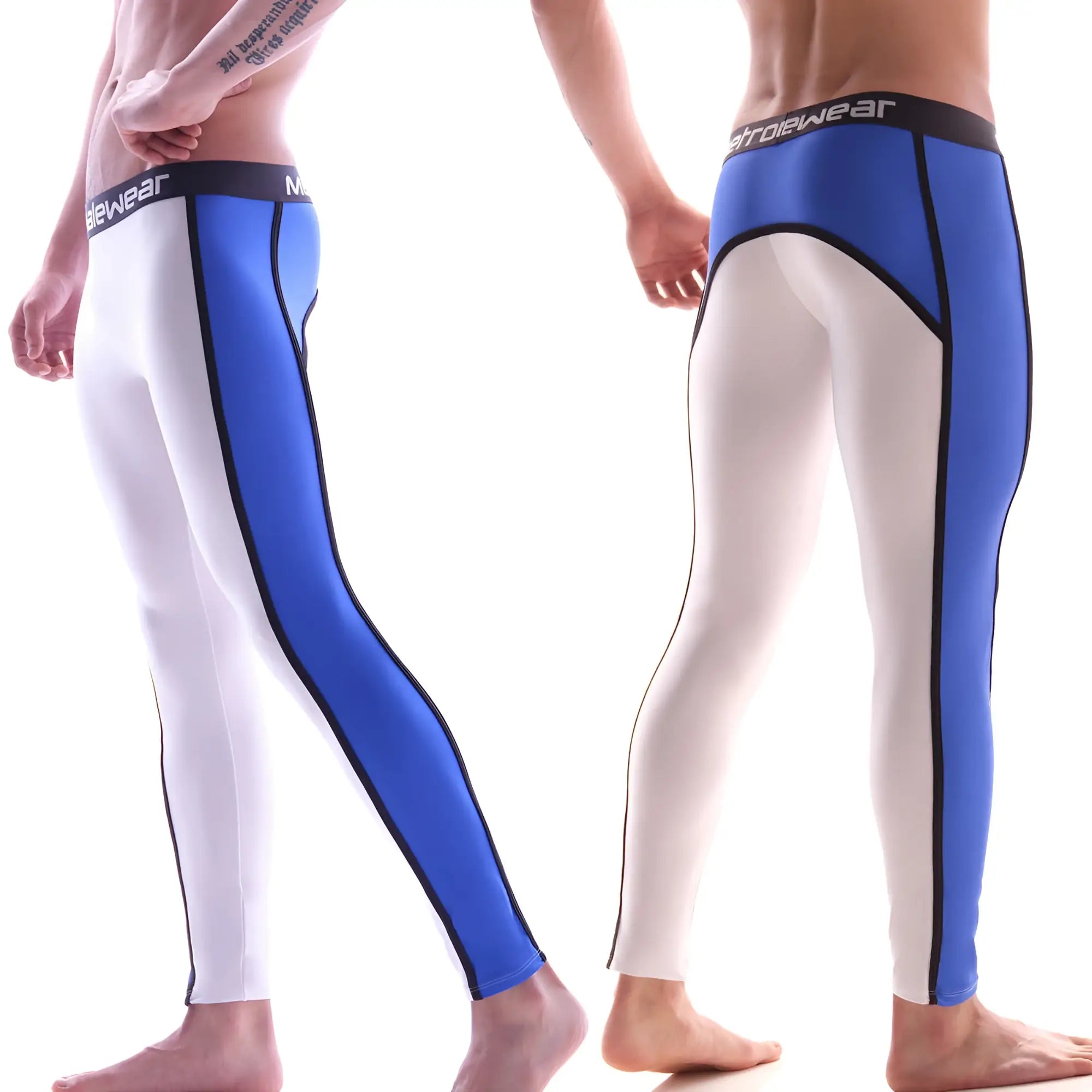 MetroMaleWear athletic pants white 2053-00 blue and white leggings with black trim and snug fit featuring menwear logo
