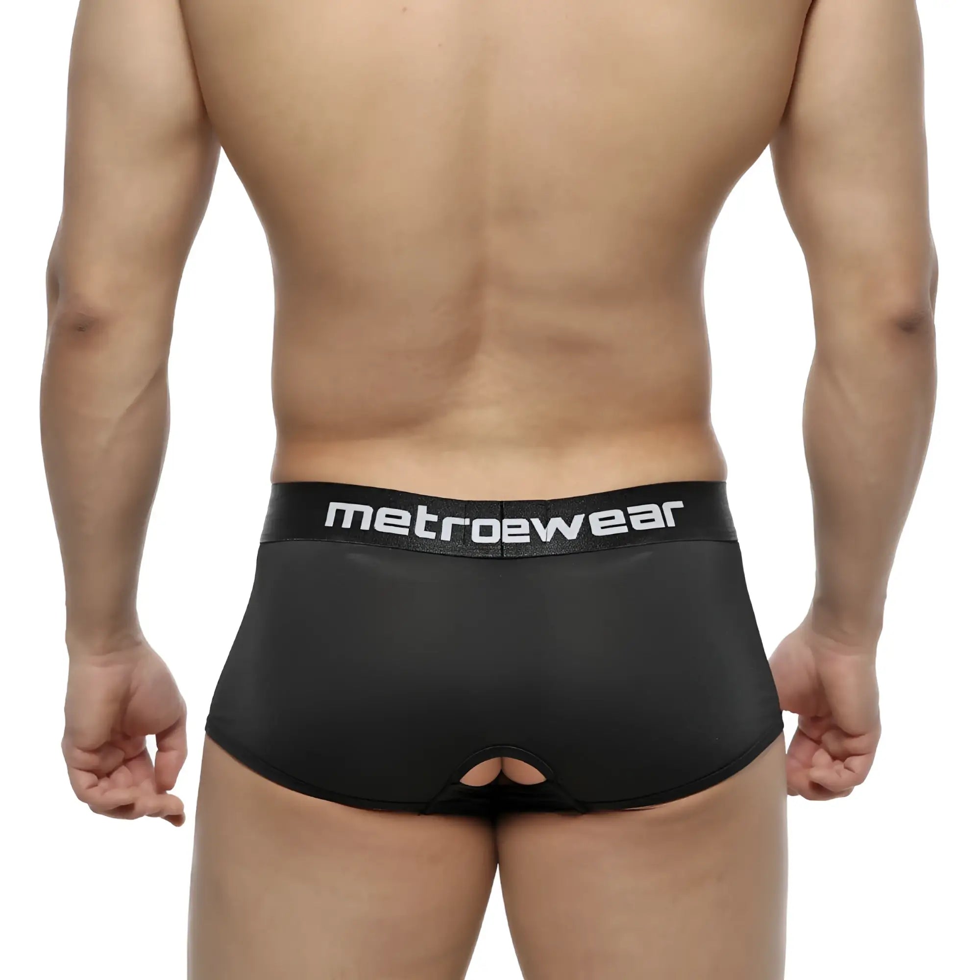 Black metrowear men’s briefs with a white logo band and back cutout shown from the back side