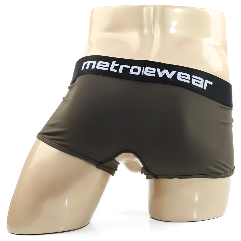 Dark olive green MetroMaleWear Atope trunk boxer briefs with black waistband and white lettering in metrowear style
