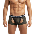 Olive green mesh metroMalewear atopec trunk briefs with black elastic waistband and branded metromalewear band