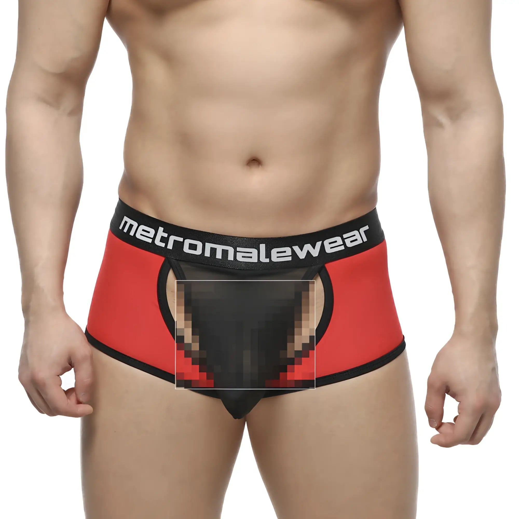 Red and black MetroMaleWear Atope trunk briefs with sheer mesh panel in front for breathable comfort