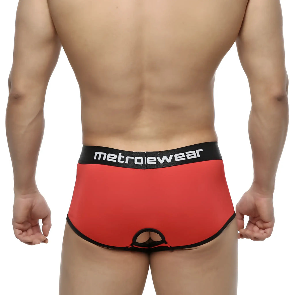 Red metrowear atopecut trunk briefs with black trim featuring a central cutout for stylish men’s underwear