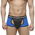 Blue and black mesh briefs with branded waistband from MetroMaleWear Atope Trunk Royal 7023-18 front view