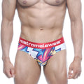 MetroMaleWear Atractivo hip brief 5003-33 vibrant pink blue yellow comic style with red branded waistband front view
