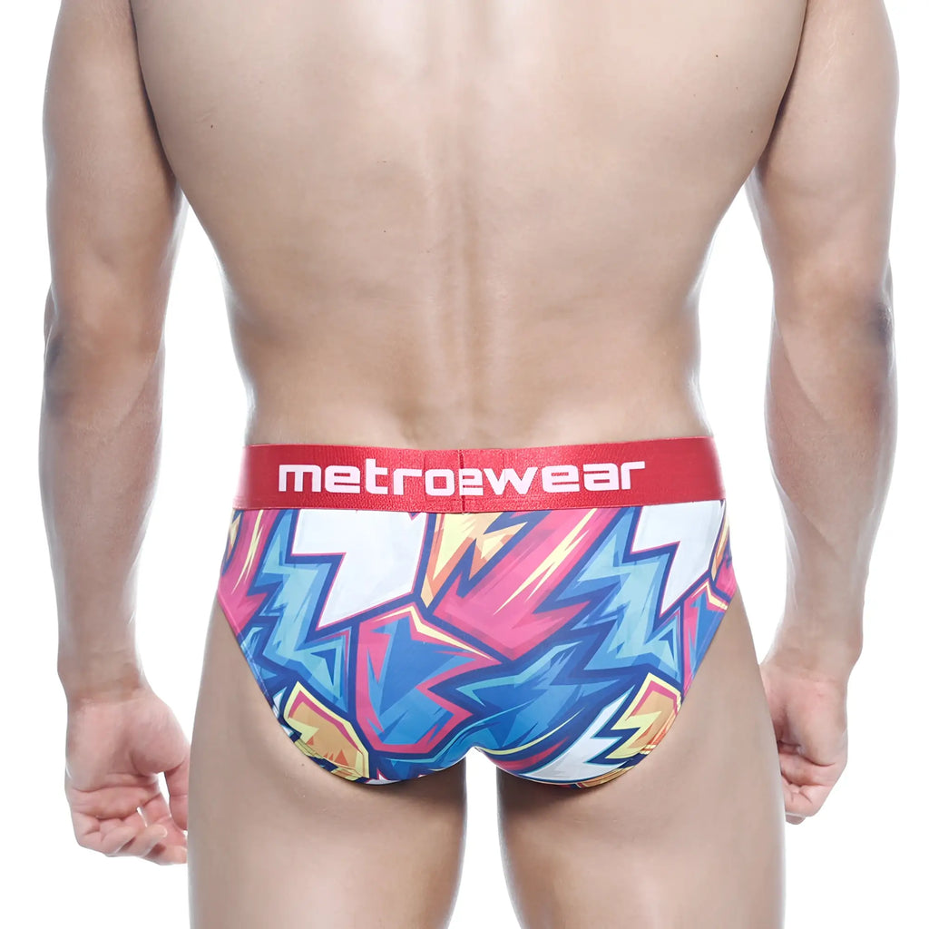 Vibrant metro2wear metroMalewear atractivo hip brief in bold pink blue and yellow lightning bolt pattern with red waistband