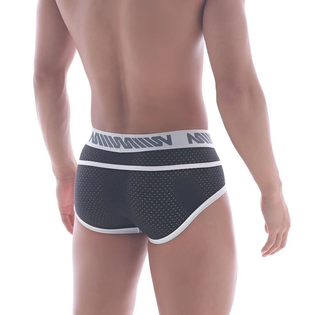 MetroMaleWear atrevido brief black mesh with white trim and gray logo band for comfortable everyday wear