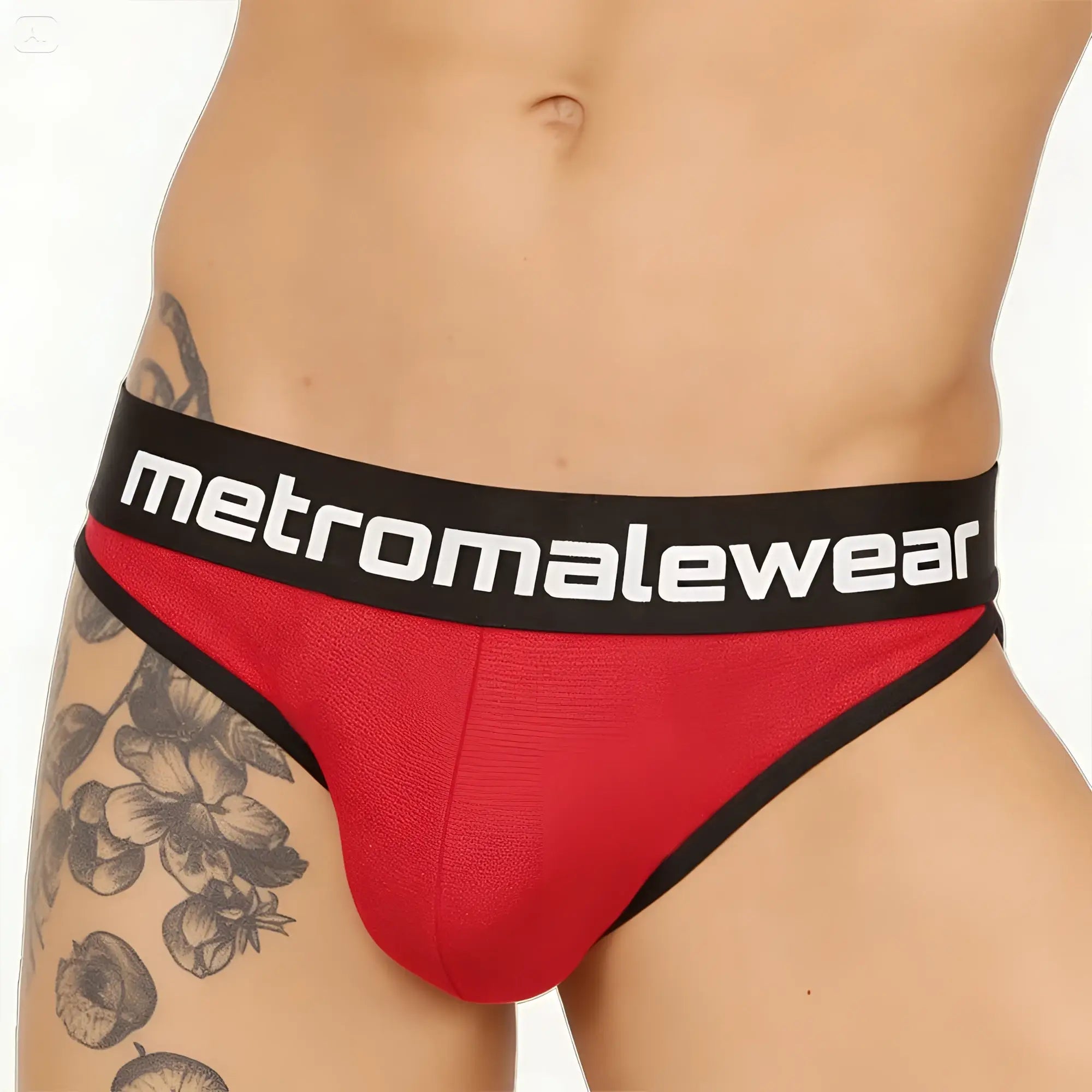 MetroMalewear audace bikini briefs in red and black with textured fabric finish showing front side details