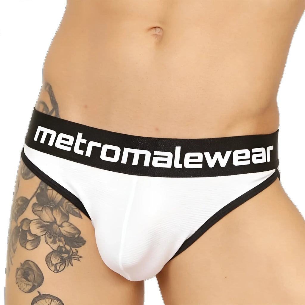 Metro malewear audace bikini briefs in white and black with a bold branded waistband in white lettering