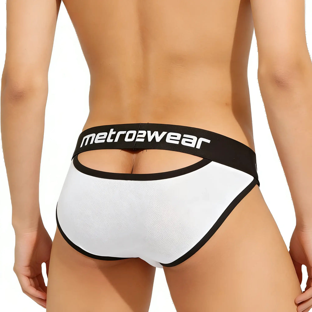 MetroMaleWear Audace bikini briefs in white and black with textured fabric and bold branded waistband