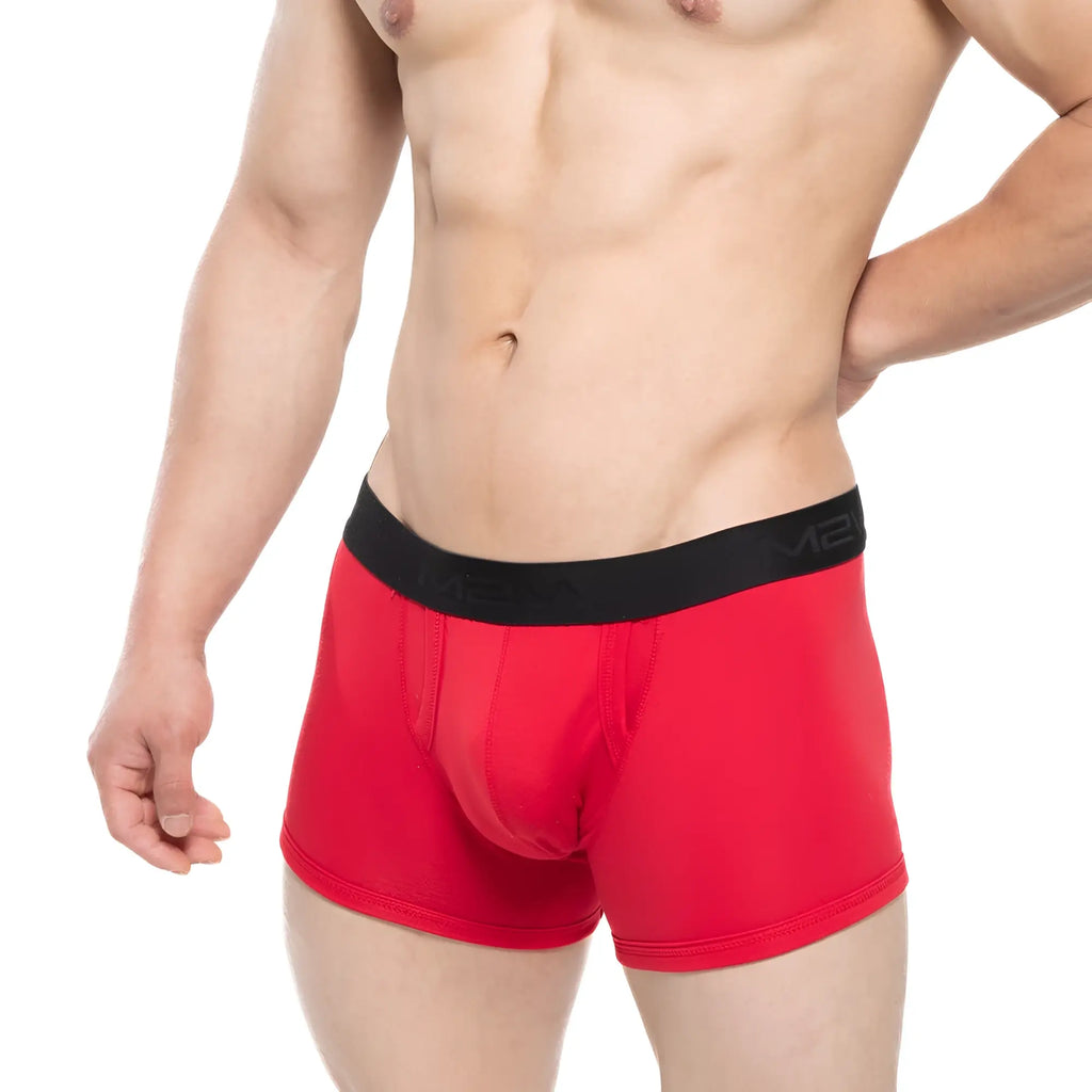 Red men’s MetroMaleWear Avalon boxer briefs with black elastic waistband featuring m2 logo for comfortable daily wear