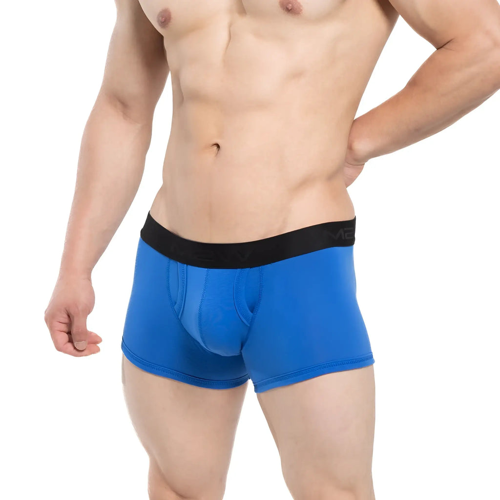 Bright blue MetroMaleWear Avalon boxer briefs with black elastic waistband featuring vic brand logo