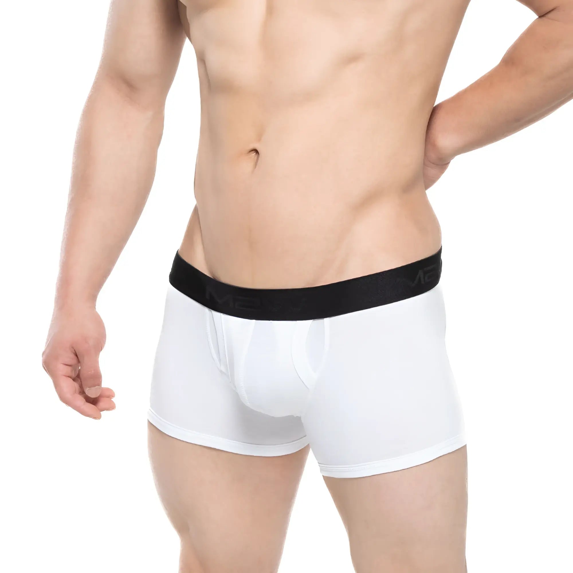 White boxer briefs with a black elastic waistband featuring subtle branding from metromalewear avalon 3034-00