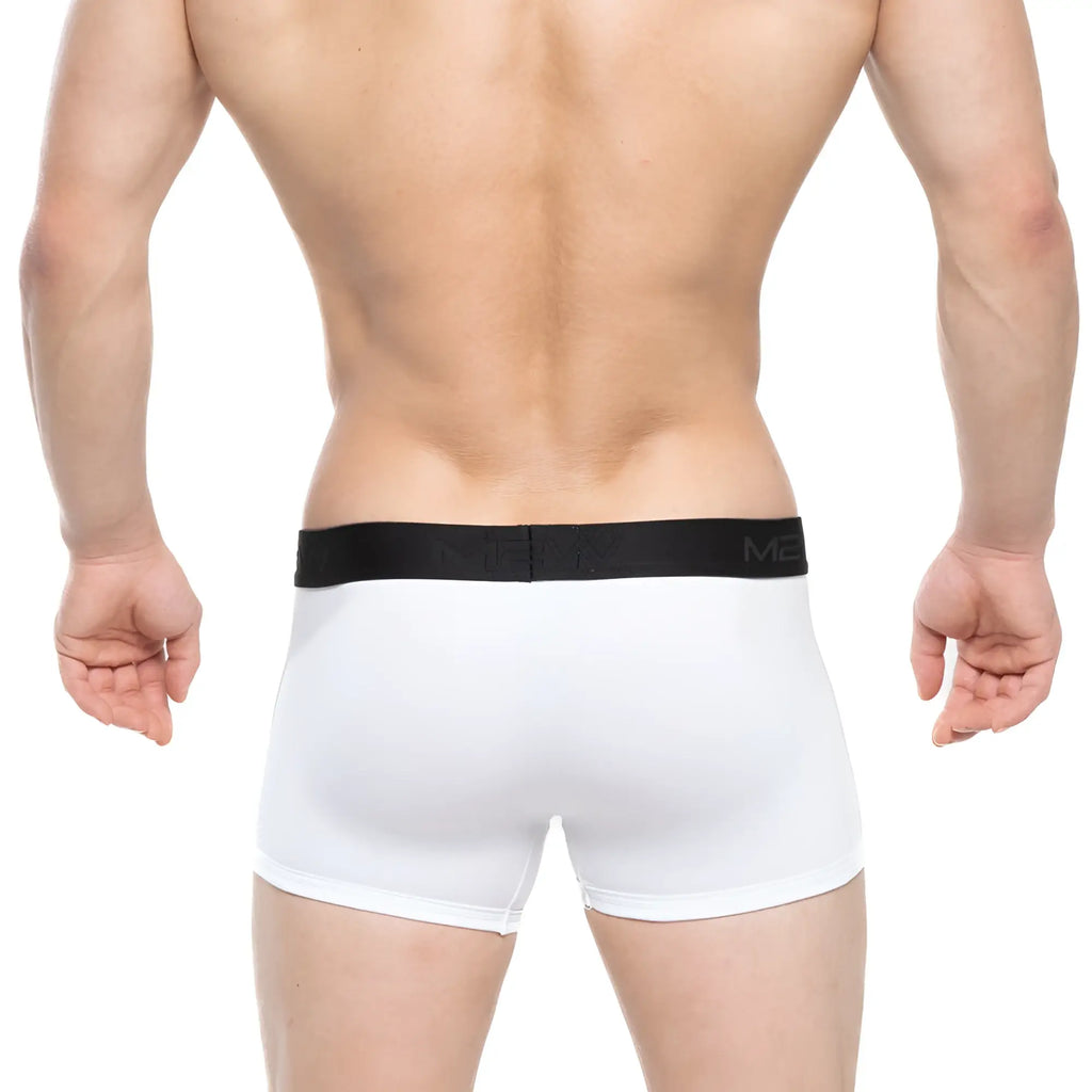 White mens briefs with black elastic waistband featuring moro logo from metromalewear avalon boxer brief 3034-00